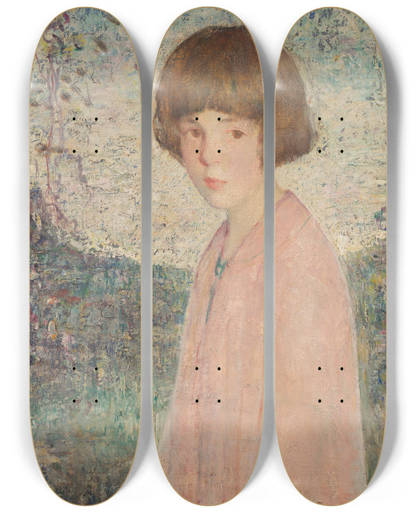 Triptych art skateboard deck of Murray Percival Bewley Portrait Of A Young Girl by Murray Percival Bewley