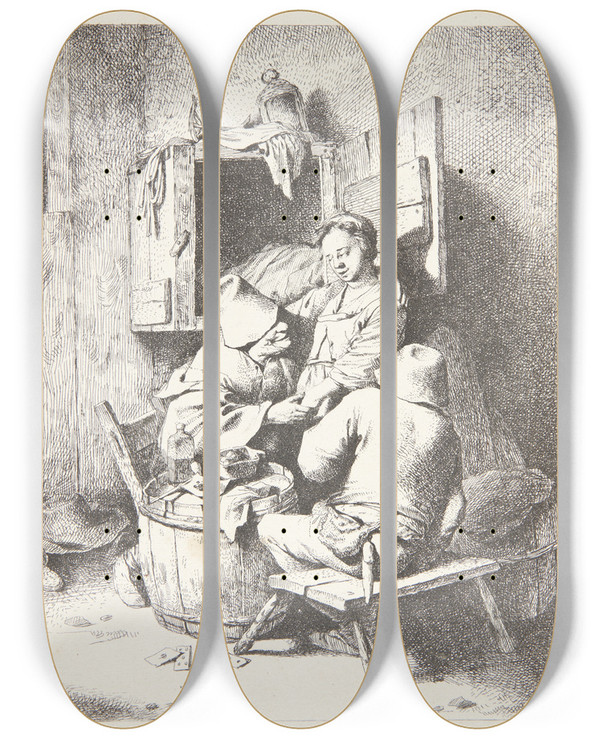 Triptych art skateboard deck of Cornelis Pietersz Bega Ung Vrtinde Og To Siddende Mnd I En Krostue by Cornelis Pietersz Bega (1631-1664)