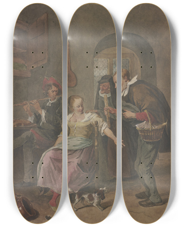 Triptych art skateboard deck of Hermanus Numan In Einem Zimmer Spielt Ein Mann Die Flte Dabei Sitzt Eine Frau Die Mit Einem Mann Spricht Der Ein Krbchen Trgt Hinter Beiden Eine Alte Frau by Hermanus Numan (1744-1820)