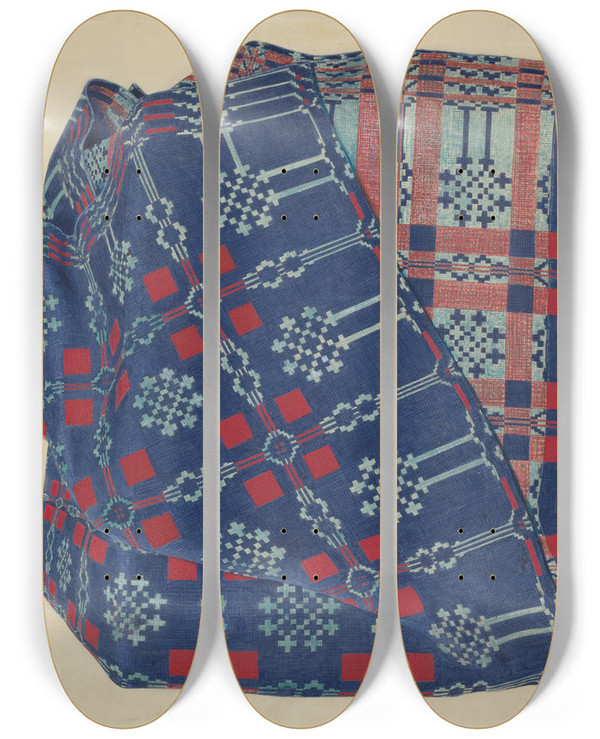 Triptych art skateboard deck of American 20Th Century Coverlet by American 20Th Century