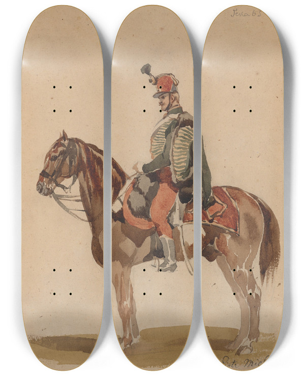 Triptych art skateboard deck of Piotr Michaowski Austrian Hussar On A Bay Horse by Piotr Michalowski (1800-1855)