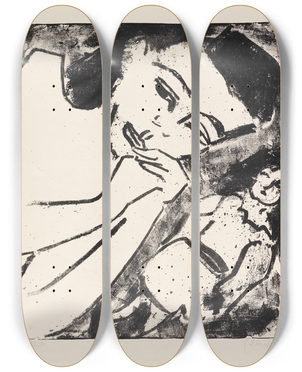 Triptych art skateboard deck of Ernst Ludwig Kirchner Frnzikopf Mit Puppe by Ernst Ludwig Kirchner (1880-1938)