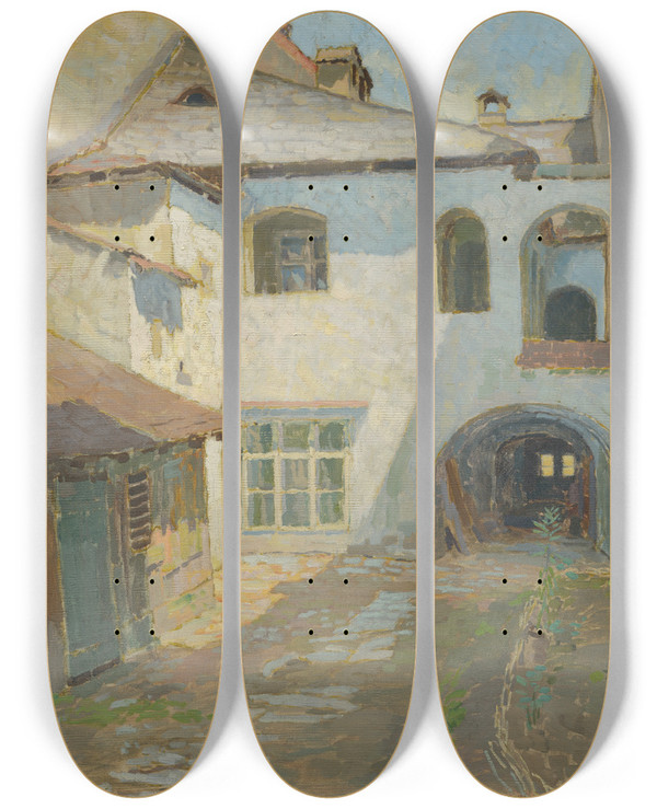 Triptych art skateboard deck of Elemr Halszhradil Inside The Yard by Elemir Halasz Hradil (1873-1948)