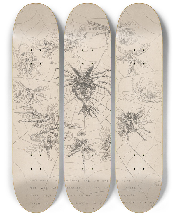 Triptych art skateboard deck of John Bell The Web by John Bell