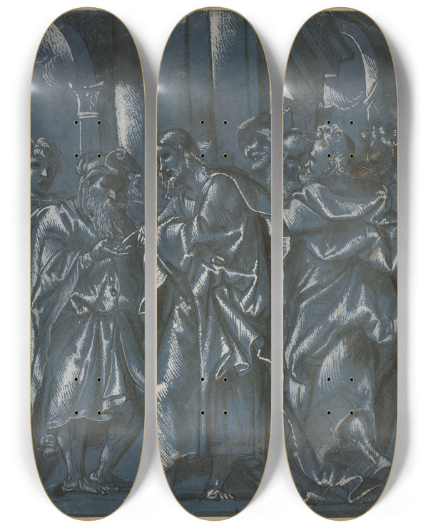 Triptych art skateboard deck of Domenico Campagnola Skattens Mnt by Domenico Campagnola (1500-1564)
