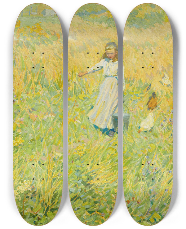 Triptych art skateboard deck of Helen Galloway Mcnicoll The Little Worker by Helen Galloway Mcnicoll (1879-1915)