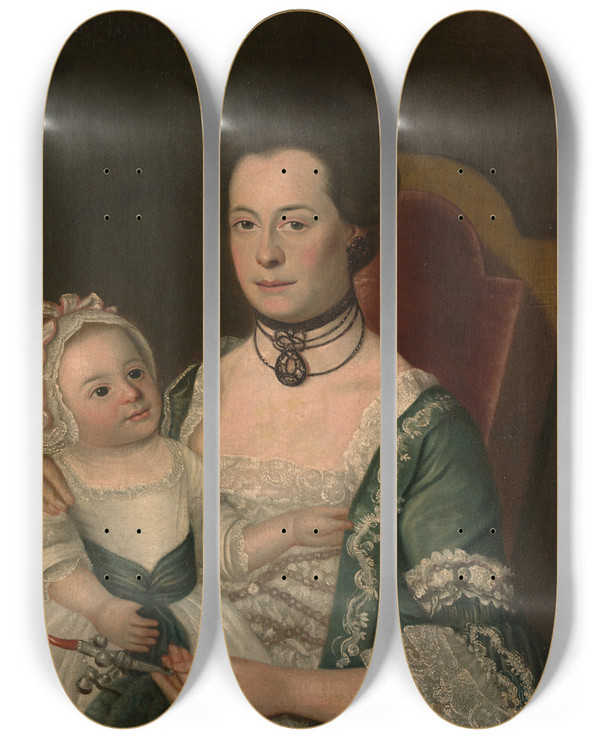 Triptych art skateboard deck of William Johnston Mrs Jacob Hurd And Child by William Johnston (1732-1772)