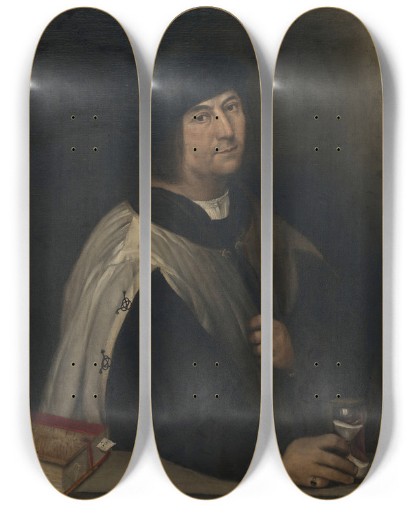 Triptych art skateboard deck of Sebastiano Del Piombo Prelate With An Hourglass by Sebastiano del Piombo (1485-1547)