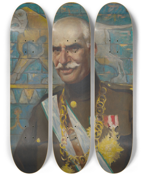 Triptych art skateboard deck of Samuel Johnson Woolf Reza Shah Pahlavi by Samuel Johnson Woolf (1880-1948)