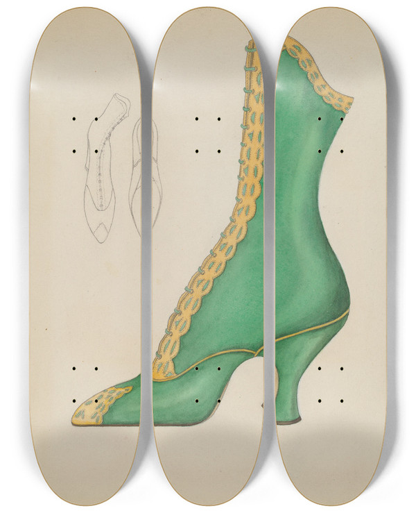 Triptych art skateboard deck of Nancy Crimi Womans Shoe by Nancy Crimi (20-)