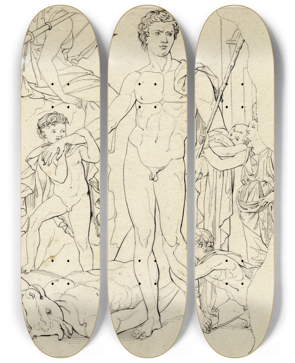 Triptych art skateboard deck of David Humbert De Superville Theseus Honoured After His Victory Over The Minotaur by David Humbert De Superville (1770-1849)