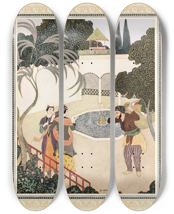 Triptych art skateboard deck of Edmund Dulac The Porter And The Ladies by Edmund Dulac (1882-1953)