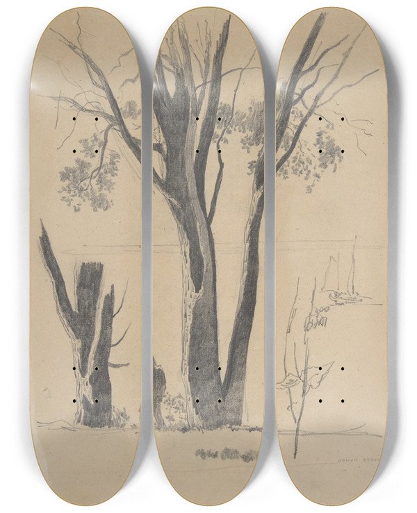 Triptych art skateboard deck of Odilon Redon Study Of Man Between Trees by Odilon Redon (1840-1916)