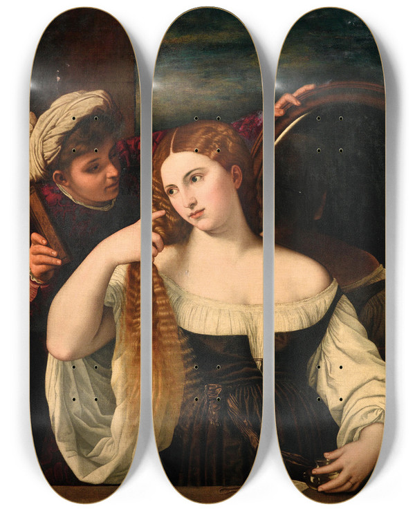 Triptych art skateboard deck of Circle Of Titian A Woman At Her Toilet by Circle of Titian (1506-1576)