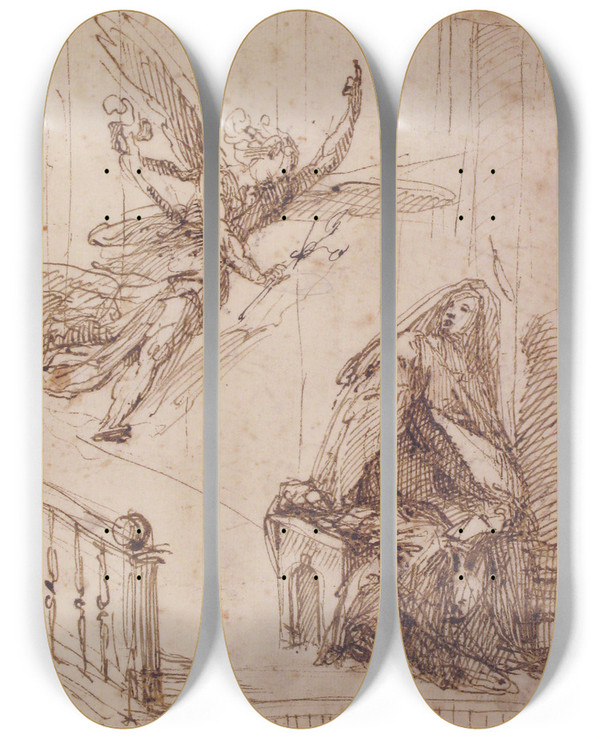 Triptych art skateboard deck of Francesco Curia The Annunciation_1 by Francesco Curia (1538-1610)