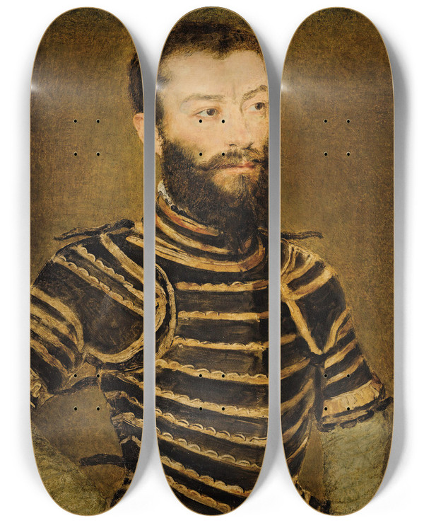 Triptych art skateboard deck of Corneille De Lyon Portrait Of A Man In Armour by Corneille de Lyon (1500-1575)