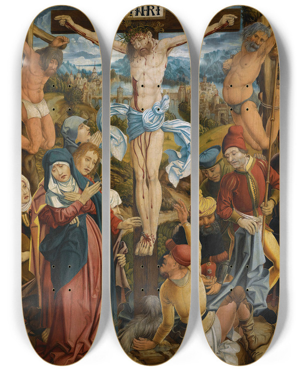 Triptych art skateboard deck of Danube School The Crucifixion by Danube School