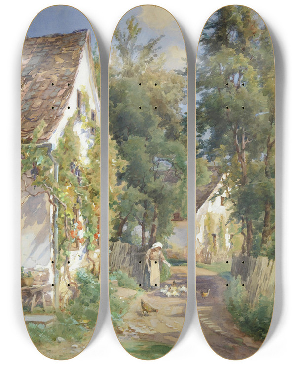 Triptych art skateboard deck of Ernestine Von Kirchsberg Sommertag by Ernestine Von Kirchsberg (1857-1924)