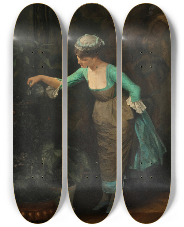 Triptych art skateboard deck of Theodoros Ralli Maid Watering Flowers by Theodoros Ralli (1852-1909)