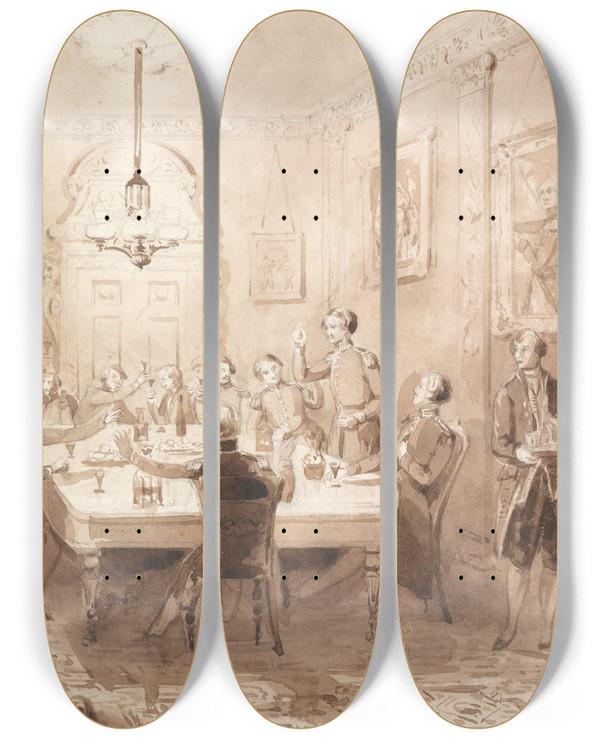 Triptych art skateboard deck of Henry Dawe The Life Of A Nobleman Scene The Seventh The Mess Room by Henry Dawe (1790-1848)