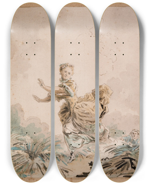 Triptych art skateboard deck of Claude Hoin Lady Running In A Field by Claude Hoin (1750-1817)