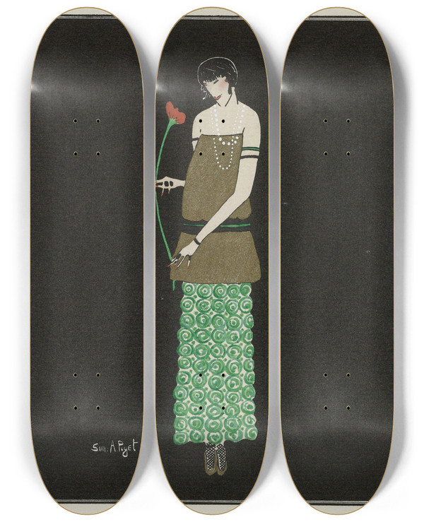 Triptych art skateboard deck of Simone A Puget Le Lys Rouge Robe Du Soir De Paul Poiret by Simone A Puget (19-20-)