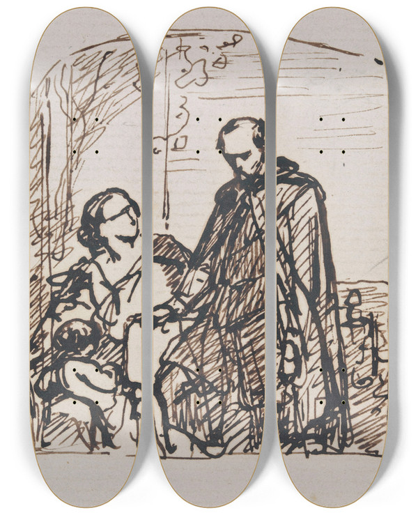 Triptych art skateboard deck of Nicaise De Keyser Torquato Tasso Dressed As A Sheperd Visits His Sister Cornelia In Sorrento_4 by Nicaise De Keyser (1813-1887)