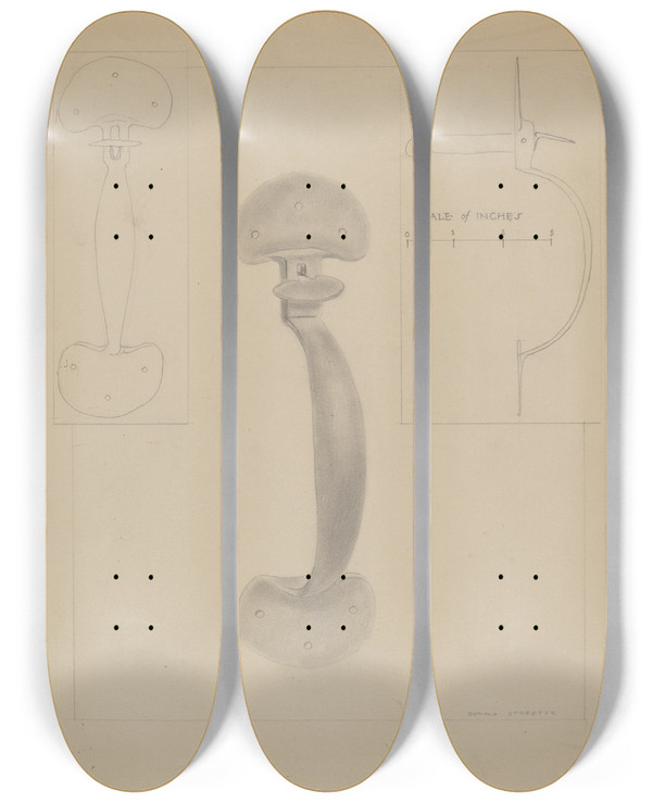 Triptych art skateboard deck of Donald Streeter Hand Forged Latch by Donald Streeter