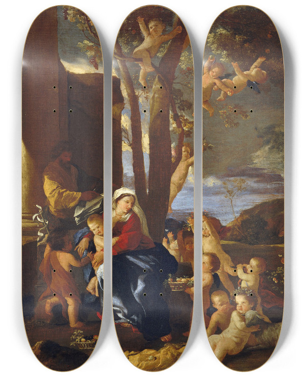 Triptych art skateboard deck of Nicolas Poussin The Holy Family With Saint John The Baptist by Nicolas Poussin (1594-1665)