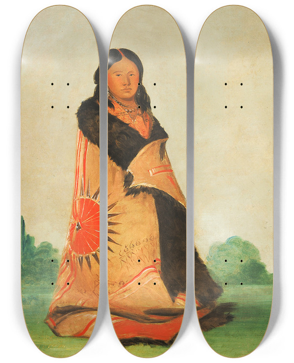 Triptych art skateboard deck of George Catlin Mongshngsha Bending Willow Wife Of Great Chief by George Catlin (1796-1872)