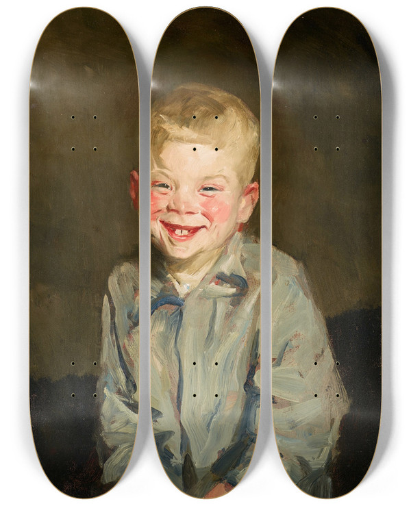 Triptych art skateboard deck of Robert Henri Laughing Boy by Robert Henri (1865-1929)
