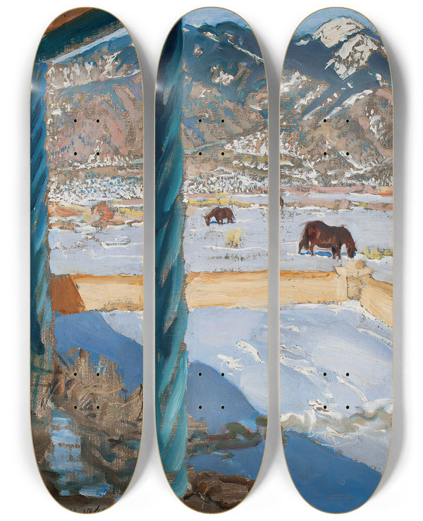 Triptych art skateboard deck of Akseli Gallenkallela Taos Home In Sunlight by Akseli Gallen Kallela (1865-1931)