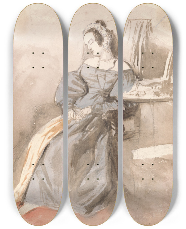 Triptych art skateboard deck of Alfred Edward Chalon Study Of A Lady Asleep In A Chair by Alfred Edward Chalon (1780-1860)