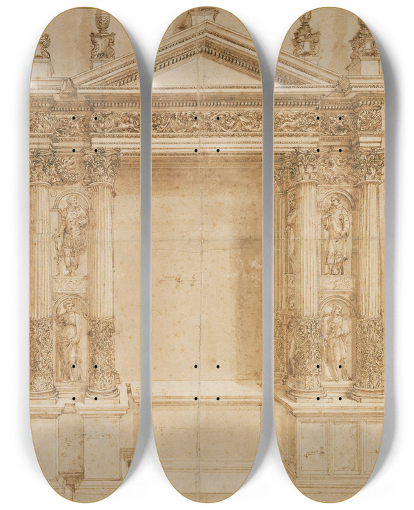 Triptych art skateboard deck of Baldassare Peruzzi Design For An Altar by Baldassare Peruzzi (1481-1536)
