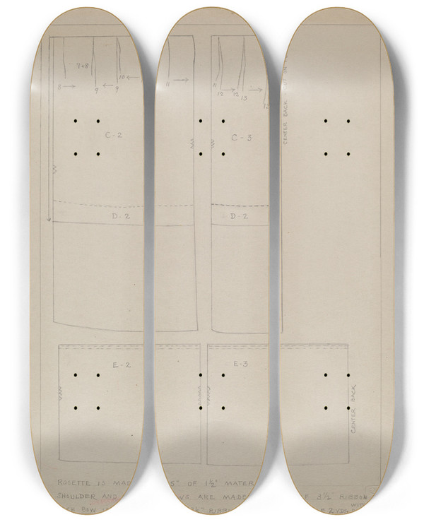 Triptych art skateboard deck of Jean Peszel Pattern For Dress_2 by Jean Peszel