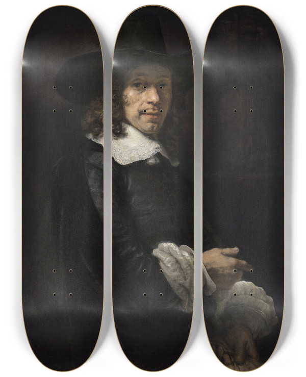 Triptych art skateboard deck of Rembrandt Van Rijn Portrait Of A Gentleman With A Tall Hat And Gloves by Rembrandt Van Rijn (1606-1669)