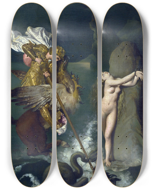 Triptych art skateboard deck of Jean Auguste Dominique Ingres Angelica Saved By Ruggiero by Jean Auguste Dominique Ingres (1780-1867)