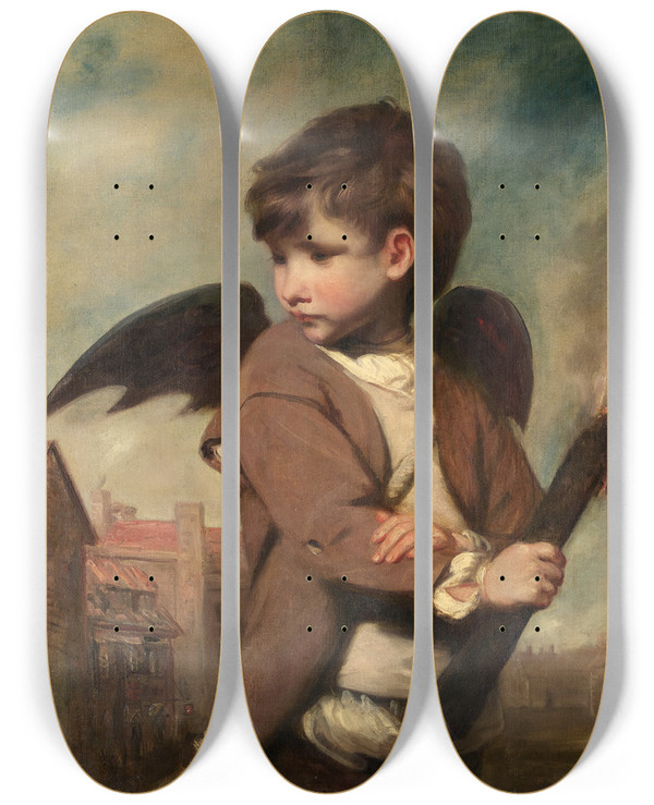 Triptych art skateboard deck of Sir Joshua Reynolds Cupid As Link Boy by Sir Joshua Reynolds (1723-1792)