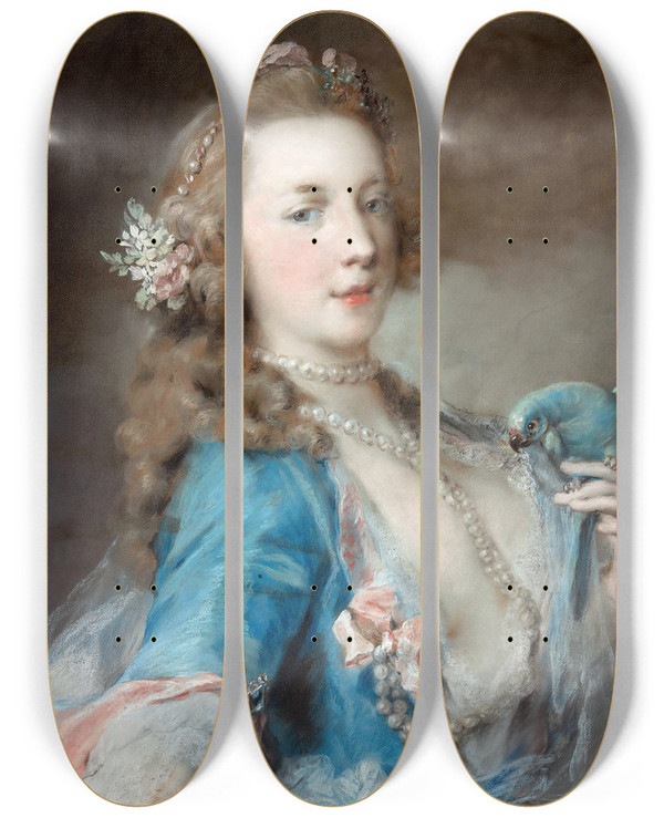 Triptych art skateboard deck of Rosalba Carriera A Young Lady With A Parrot by Rosalba Carriera (1675-1757)