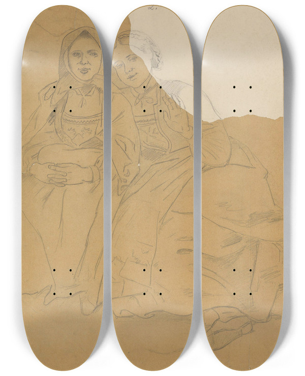 Triptych art skateboard deck of Adolph Tidemand To Sittende Bunadskledde Jenter_1 by Adolph Tidemand (1814-1876)