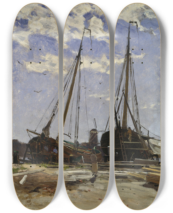 Triptych art skateboard deck of Carl Sknberg Study For Dordrecht Harbour 1880 Gteborgs Konstmuseum by Carl Skanberg (1850-1883)