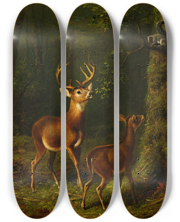 Triptych art skateboard deck of Arthur Fitzwilliam Tait The Forest Adirondacks by Arthur Fitzwilliam Tait (1819-1905)