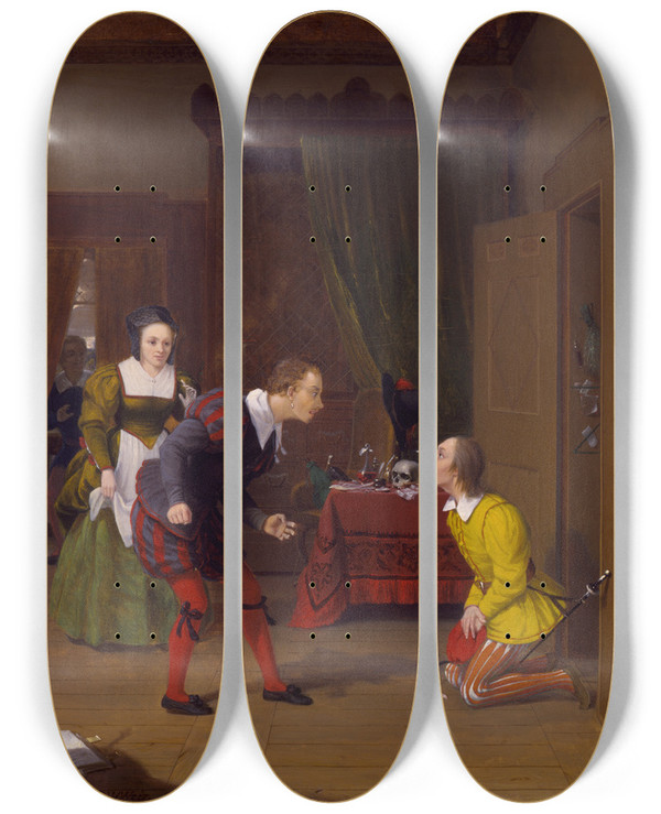 Triptych art skateboard deck of Robert Walter Weir The Merry Wives Of Windsor Dr Caius Simple And Dame Quickly by Robert Walter Weir (1803-1889)