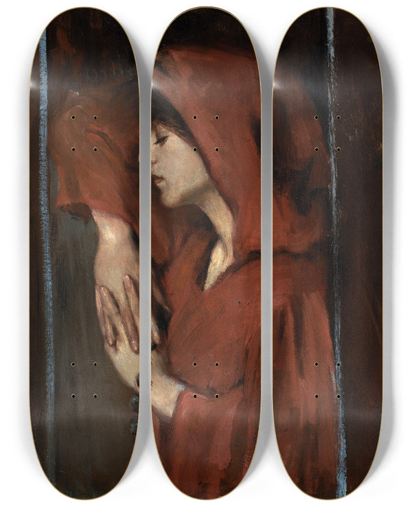 Triptych art skateboard deck of Alice Pike Barney Woman With Red Hood by Alice Pike Barney (1857-1931)