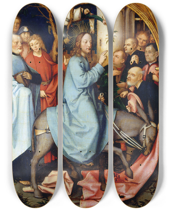 Triptych art skateboard deck of Hans Holbein The Elder The Entry Into Jerusalem by Hans Holbein The Elder (1460-1524)