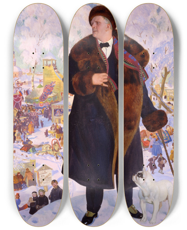 Triptych art skateboard deck of Boris Kustodiev Portrait Of Fyodor Chaliapin by Boris Kustodiev (1878-1927)
