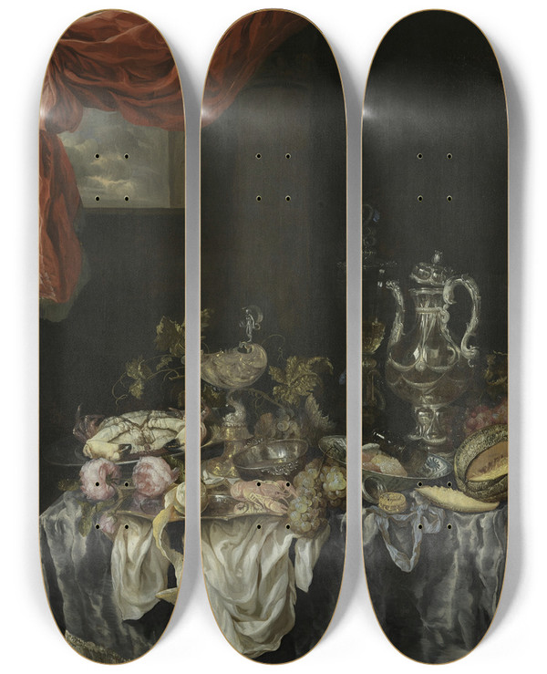 Triptych art skateboard deck of Abraham Van Beijeren Sumptuous Still Life by Abraham Van Beyeren (1620-1690)