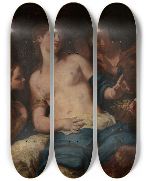 Triptych art skateboard deck of Johann Carl Loth Cleopatra by Johann Carl Loth (1632-1698)
