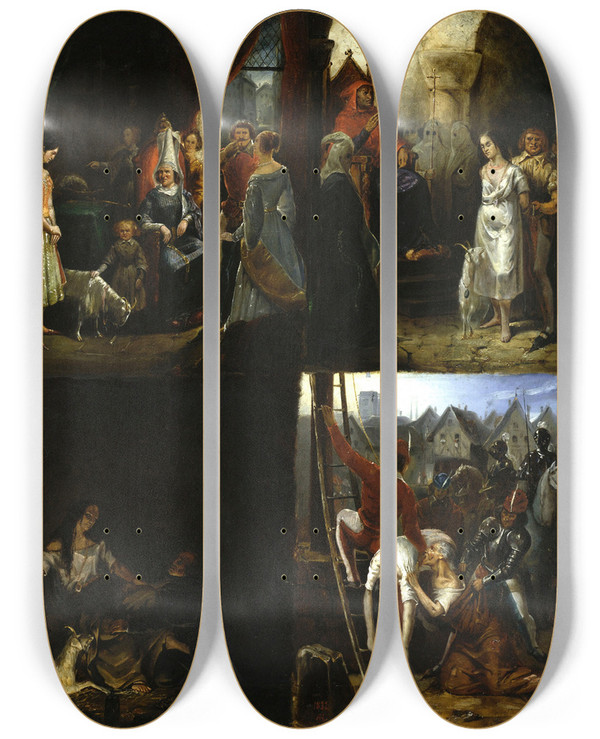 Triptych art skateboard deck of Antoine Rivoulon Scnes De Notredame De Paris by Antoine Rivoulon (1810-1864)
