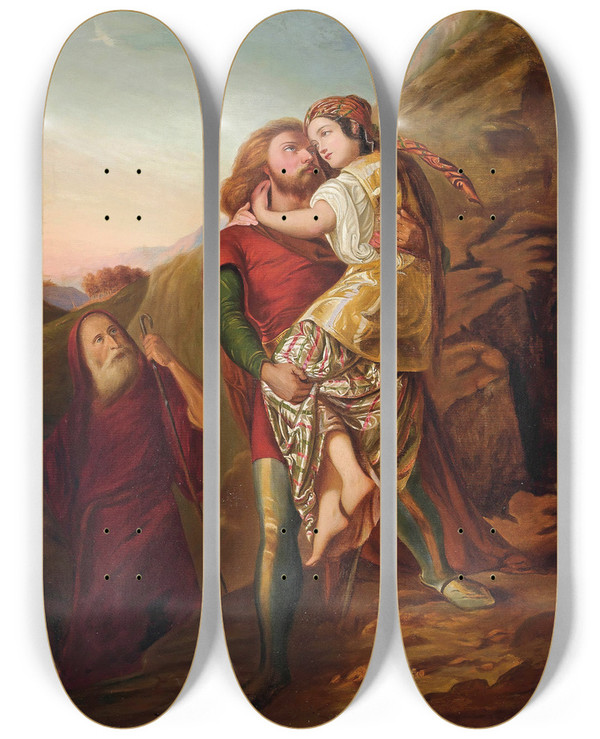 Triptych art skateboard deck of Johann Friedrich Overbeck Moses And Zipporah by Johann Friedrich Overbeck (1789-1869)